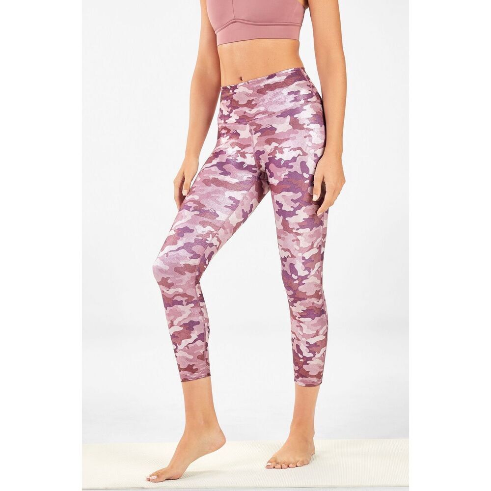 Fabletics Define PowerHold High-Waisted Capri in Pink Shine Logo Camo Sz S